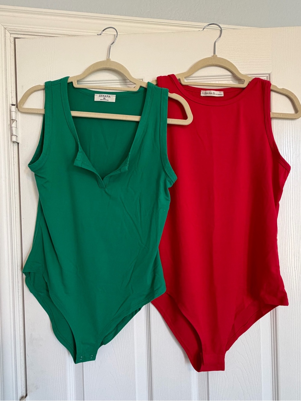 Zenana Outfitters Green & Red Sleeveless Bodysuit Duo